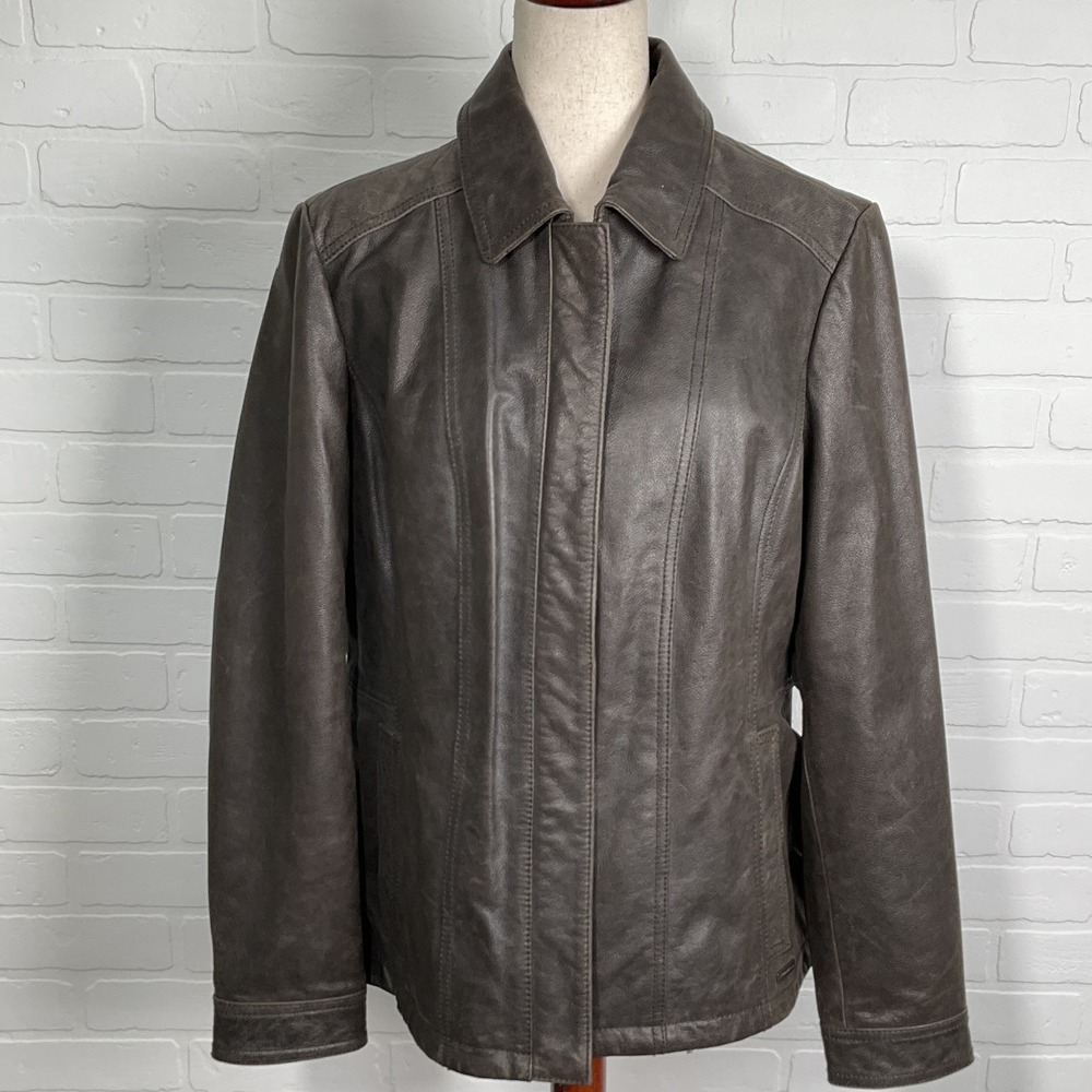 Eddie Bauer‎ Jacket  Women XL Brown Buffalo Leather Pebbled Moto Classic Coat